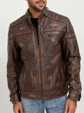 Brown Distressed Cafe Racer Leather Jacket Main