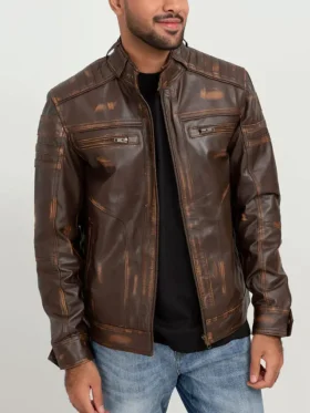 Brown Distressed Cafe Racer Leather Jacket Zipper