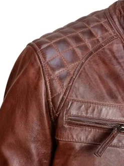 Brown Mens Cafe Racer Jacket With Quilted Shoulders