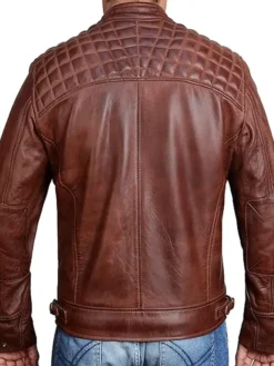 Brown Mens Cafe Racer Jacket With Quilted Shoulders Back