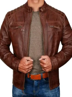 Brown Mens Cafe Racer Jacket With Quilted Shoulders Closure
