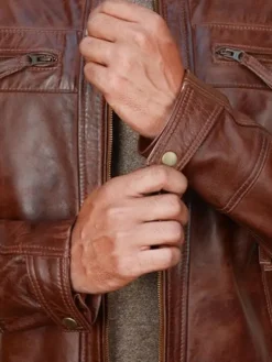 Brown Mens Cafe Racer Jacket With Quilted Shoulders Cuffs