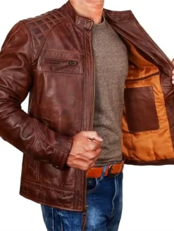 Brown Mens Cafe Racer Jacket With Quilted Shoulders Inner