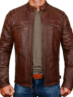 Brown Mens Cafe Racer Jacket With Quilted Shoulders Main