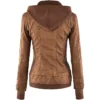 Brown Womens Hooded Leather Jacket Back