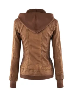 Brown Womens Hooded Leather Jacket Back