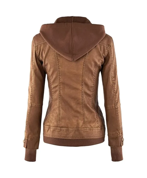 Brown Womens Hooded Leather Jacket Back
