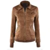 Brown Womens Hooded Leather Jacket Collar