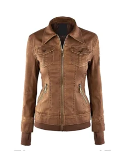 Brown Womens Hooded Leather Jacket Collar