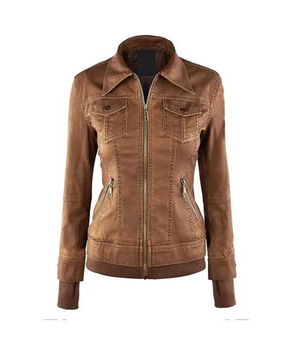 Brown Womens Hooded Leather Jacket Collar