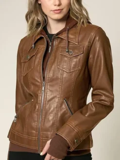 Brown Womens Hooded Leather Jacket Inner