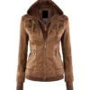 Brown Womens Hooded Leather Jacket Main