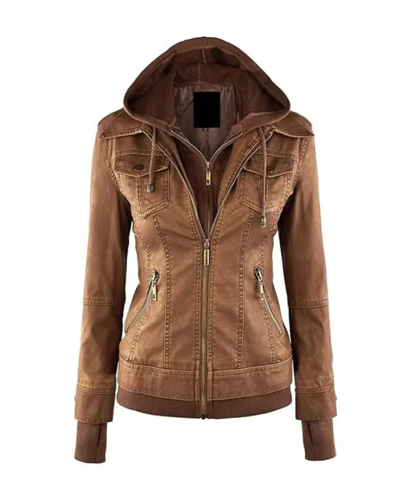 Brown Womens Hooded Leather Jacket Main