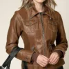 Brown Womens Hooded Leather Jacket Pockets