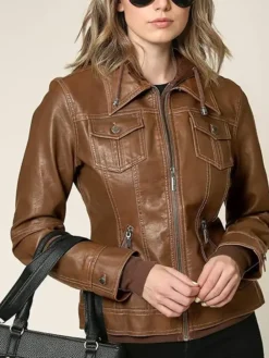 Brown Womens Hooded Leather Jacket Pockets