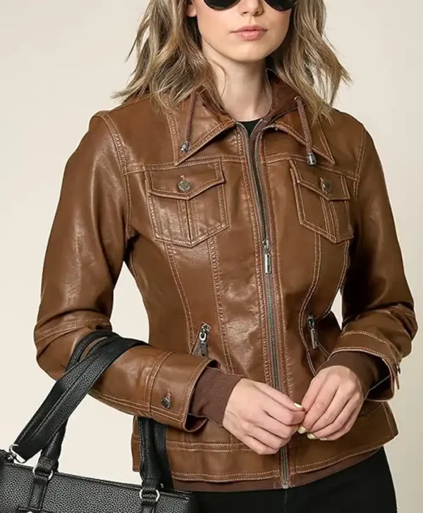 Brown Womens Hooded Leather Jacket Pockets