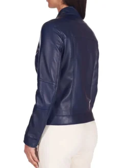 Cafe Racer Style Navy Blue Biker Jacket Womens Back