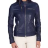 Cafe Racer Style Navy Blue Biker Jacket Womens Closure