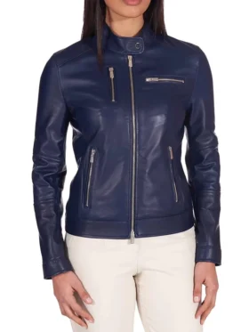Cafe Racer Style Navy Blue Biker Jacket Womens Closure