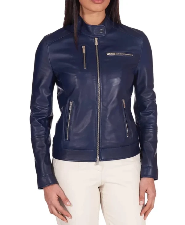 Cafe Racer Style Navy Blue Biker Jacket Womens Closure