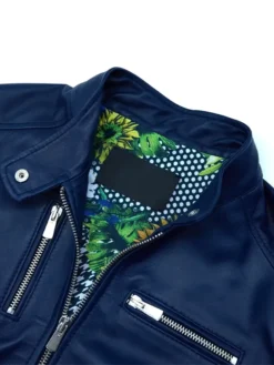 Cafe Racer Style Navy Blue Biker Jacket Womens Collar