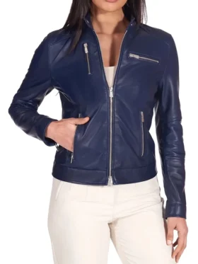 Cafe Racer Style Navy Blue Biker Jacket Womens Main