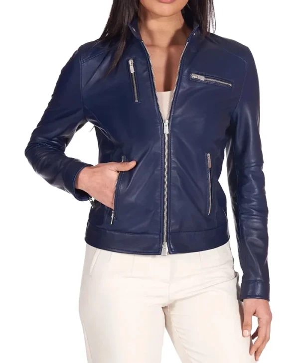 Cafe Racer Style Navy Blue Biker Jacket Womens Main