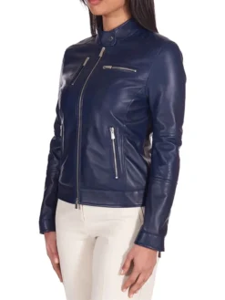 Cafe Racer Style Navy Blue Biker Jacket Womens Side