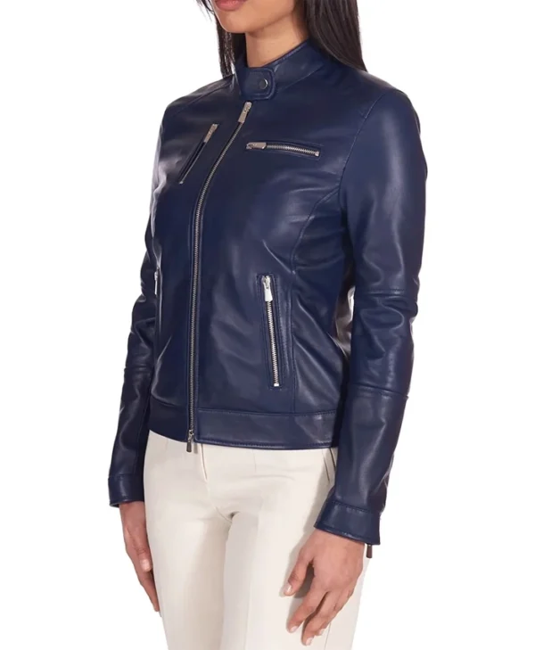 Cafe Racer Style Navy Blue Biker Jacket Womens Side