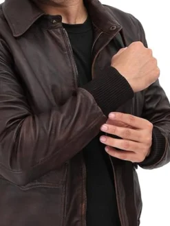 Cody Brown Leather Bomber Jacket Rib Knitted