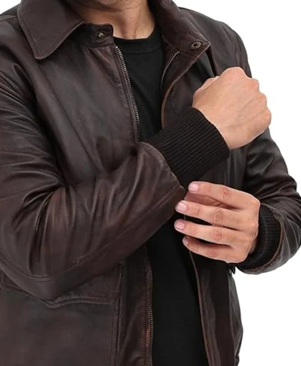Cody Brown Leather Bomber Jacket Rib Knitted