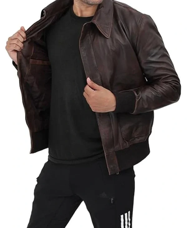 Cody Brown Leather Bomber Jacket Zipper