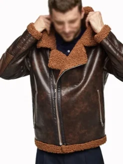 Dean Brown Shearling Leather Jacket Close