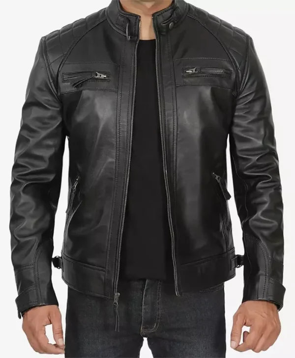 Decimal Mens Black Cafe Racer Jacket Open