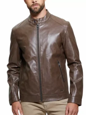 Decimal Mens Brown Leather Cafe Racer Jacket Main