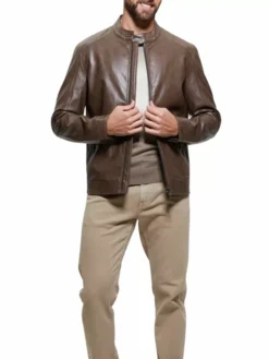 Decimal Mens Brown Leather Cafe Racer Jacket Stand