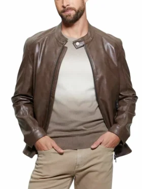 Decimal Mens Brown Leather Cafe Racer Jacket Style