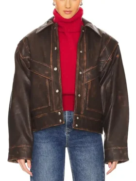 Distressed Brown Leather Jacket Womens Open