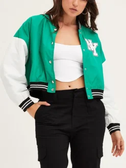 Green Cropped Varsity Bomber Jacket Closure