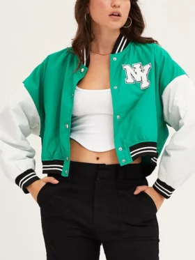 Green Cropped Varsity Bomber Jacket Main