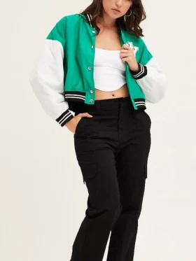 Green Cropped Varsity Bomber Jacket Stand Up