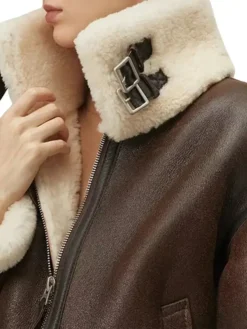 Isabel Women Brown Leather Shearling Jacket Collar