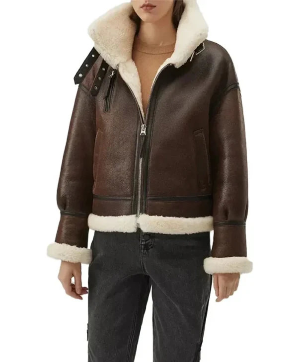 Isabel Women Brown Leather Shearling Jacket Main