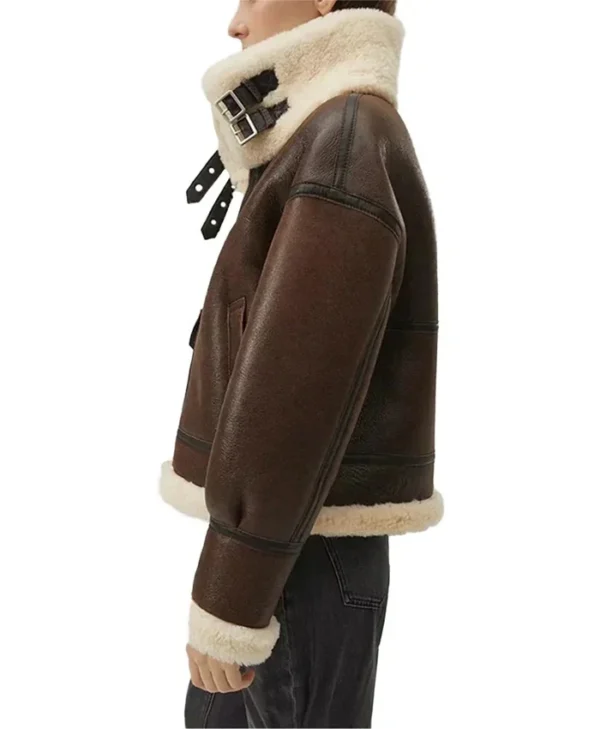 Isabel Women Brown Leather Shearling Jacket Side