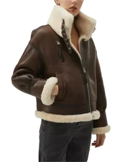 Isabel Women Brown Leather Shearling Jacket Zipper