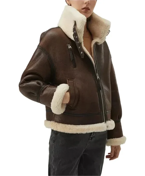 Isabel Women Brown Leather Shearling Jacket Zipper