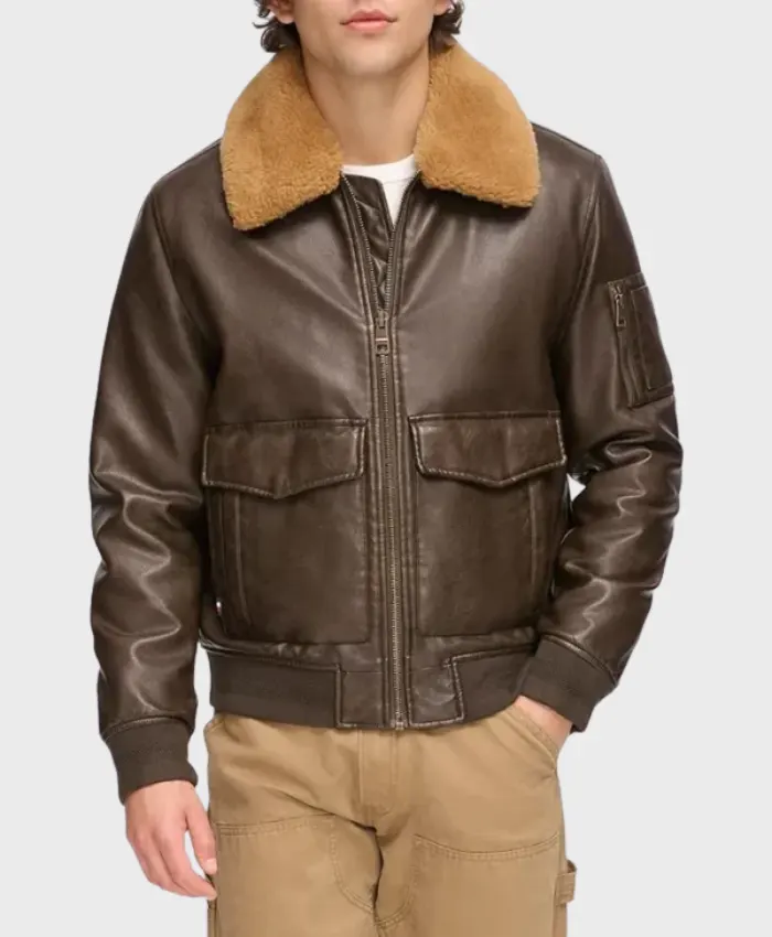Ivor Fur Brown Leather Jacket Front