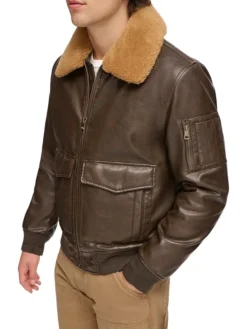 Ivor Fur Brown Leather Jacket Pockets
