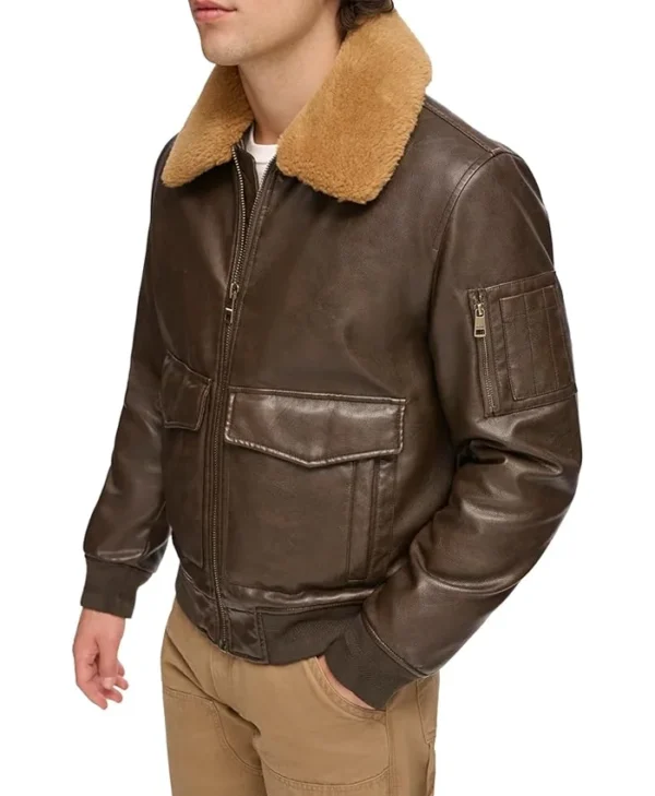 Ivor Fur Brown Leather Jacket Pockets