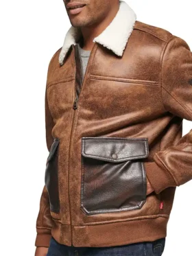 Jack Distressed Brown Mens Aviator Leather Jacket Pockets